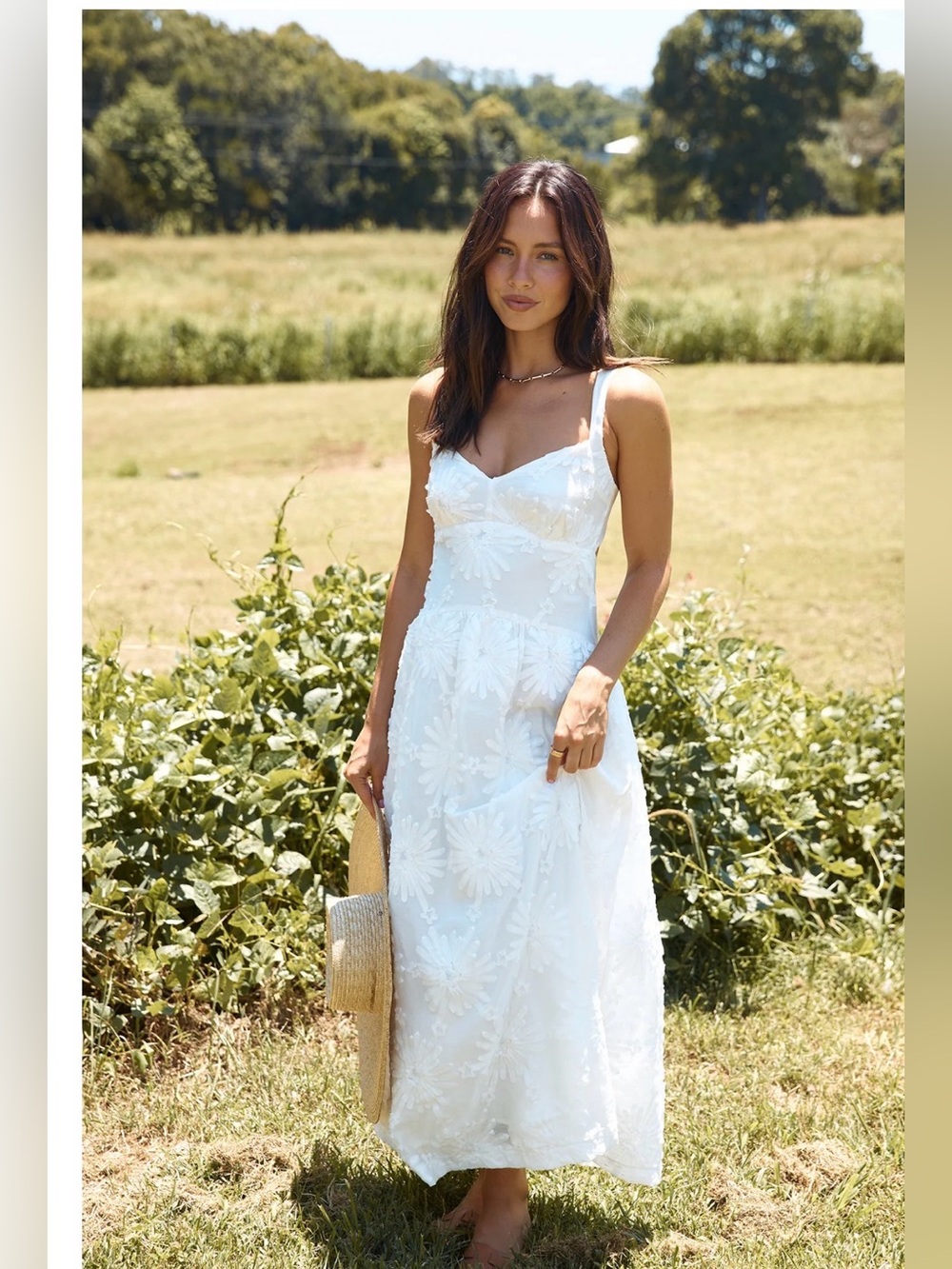 White Floral Embroidered Maxi Dress with Slim Straps